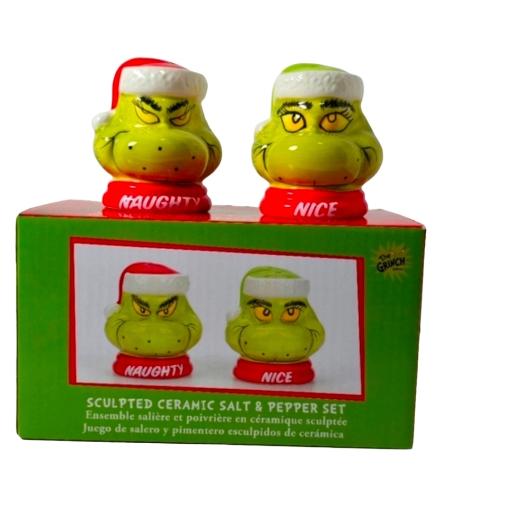 Dr. Seuss Grinch Naughty & Nice Ceramic Salt & Pepper Shaker Set NIB